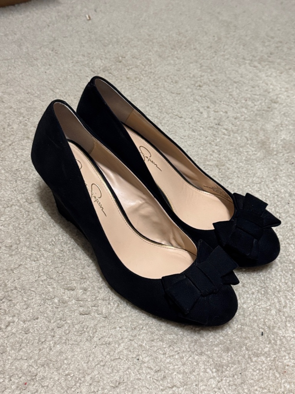 Jessica Simpson Black Suede Bow Wedge Pumps